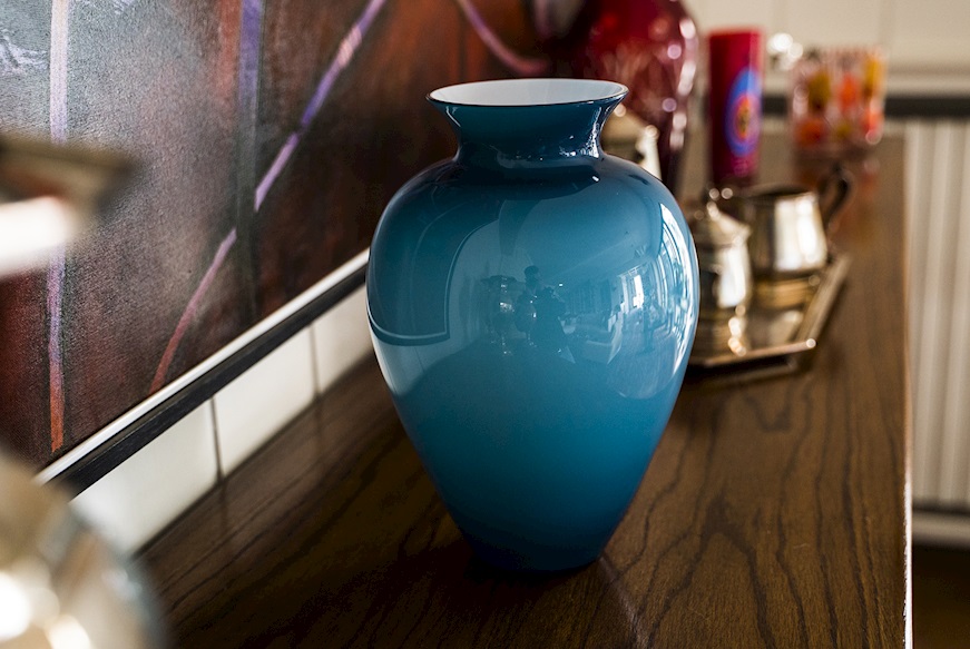 Vaso Labuan vetro di Murano orizzonte e lattimo Venini