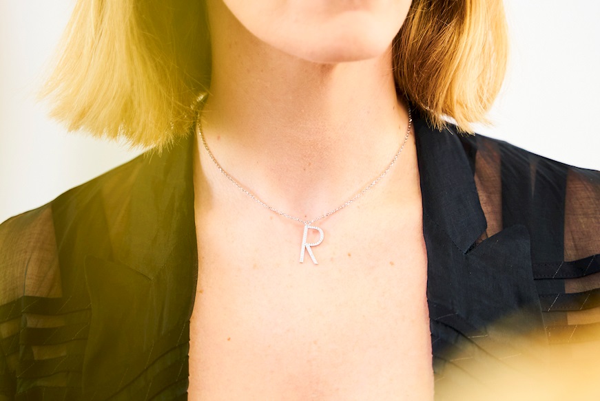 Necklace Dancing Names silver with R letter pendant in cubic zirconia Sovrani
