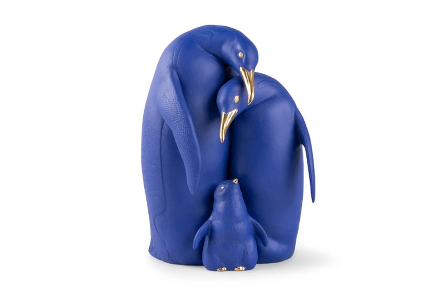 Famiglia di Pinguini porcellana azzurro e oro Lladro'