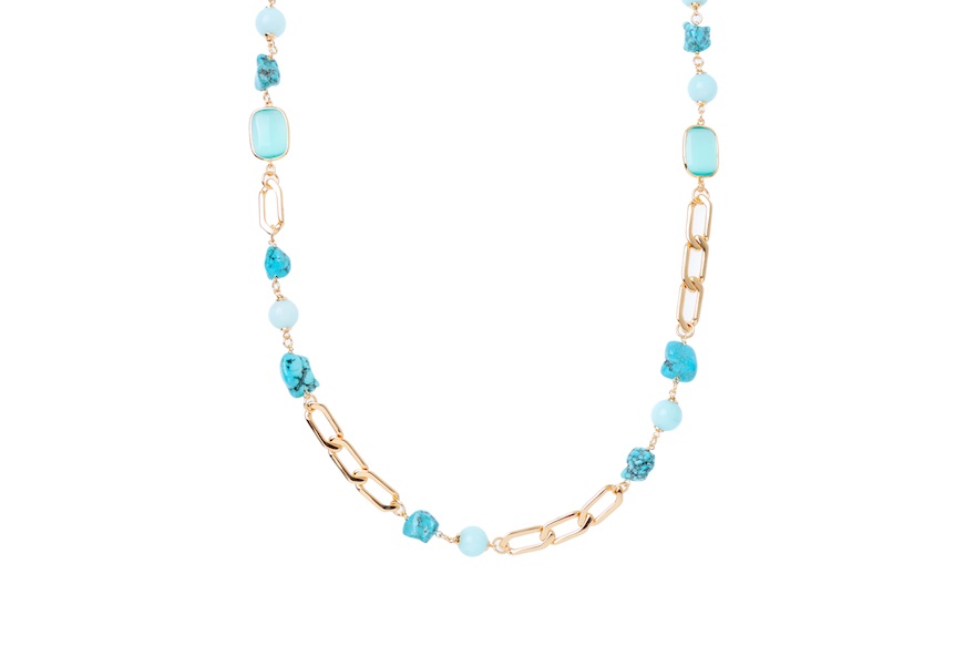 Necklace Lorelie in brass with gold finish, turquoise howlite, green jade and green crystals Sovrani