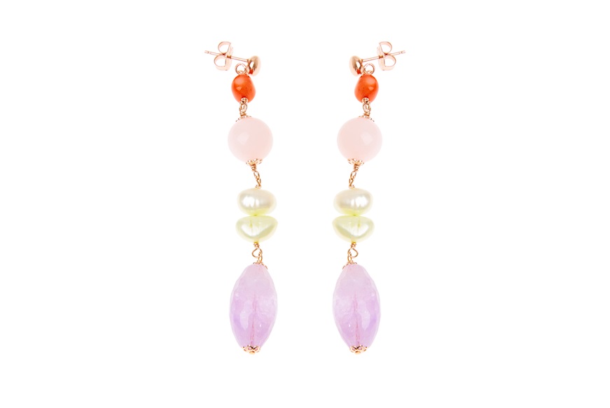 Earrings silver rosè with amethyst, pink quartz, bamboo and lemon pearls Luisa della Salda