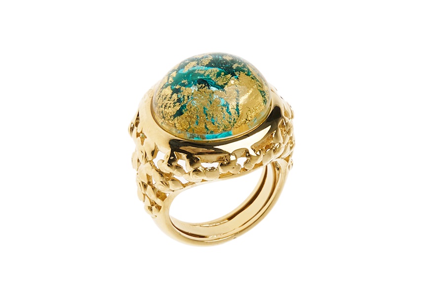 Anello Venezia in vetro Verde con foglia oro Antica Murrina