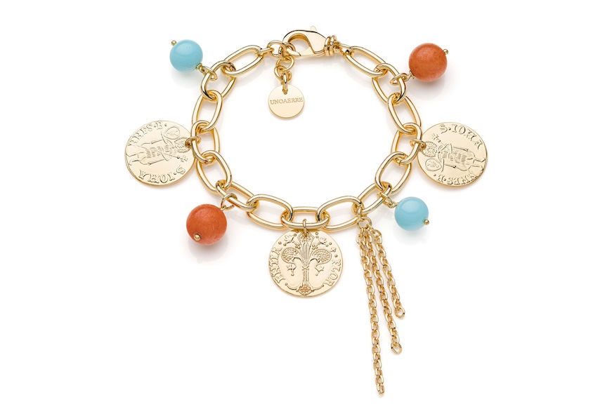 Bracciale Fiorino in bronzo dorato con monete, corallo e turchese Unoaerre