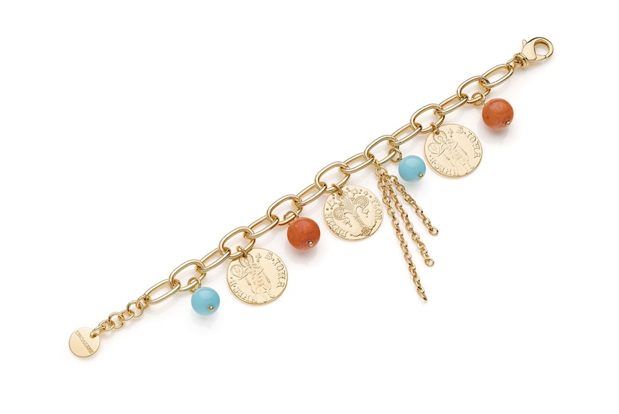 Bracciale Fiorino in bronzo dorato con monete, corallo e turchese Unoaerre