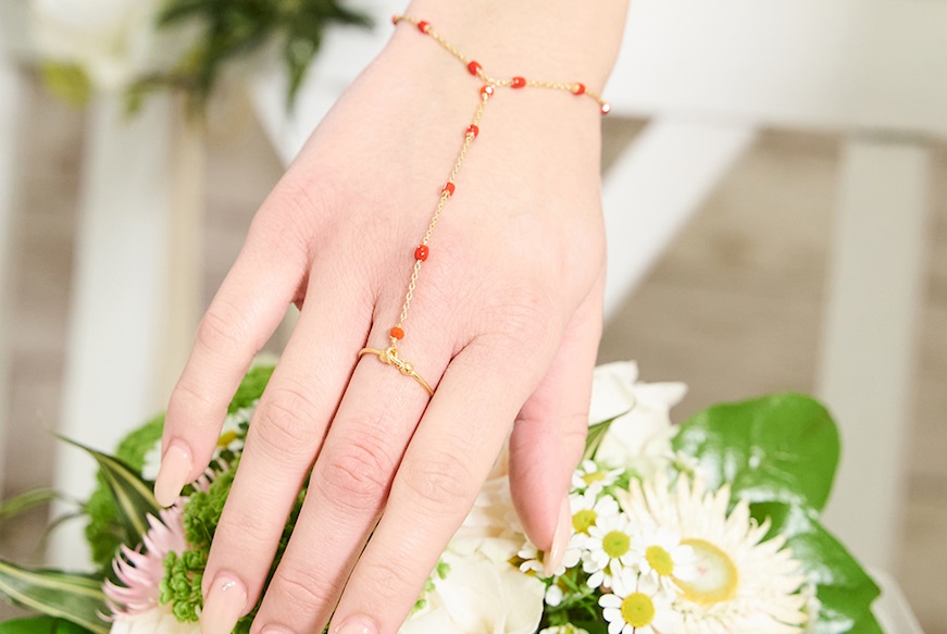 Bracelet Baciamano silver rosè with ring and red coral Selezione Zanolli