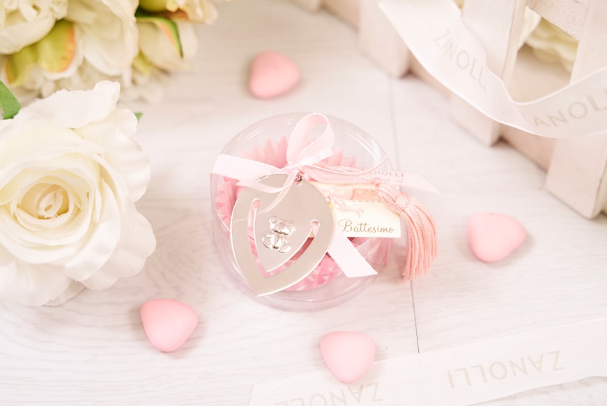 Bomboniera Battesimo Segnalibro orsetto, nappina celeste argento con scatolina portaconfetti Selezione Zanolli