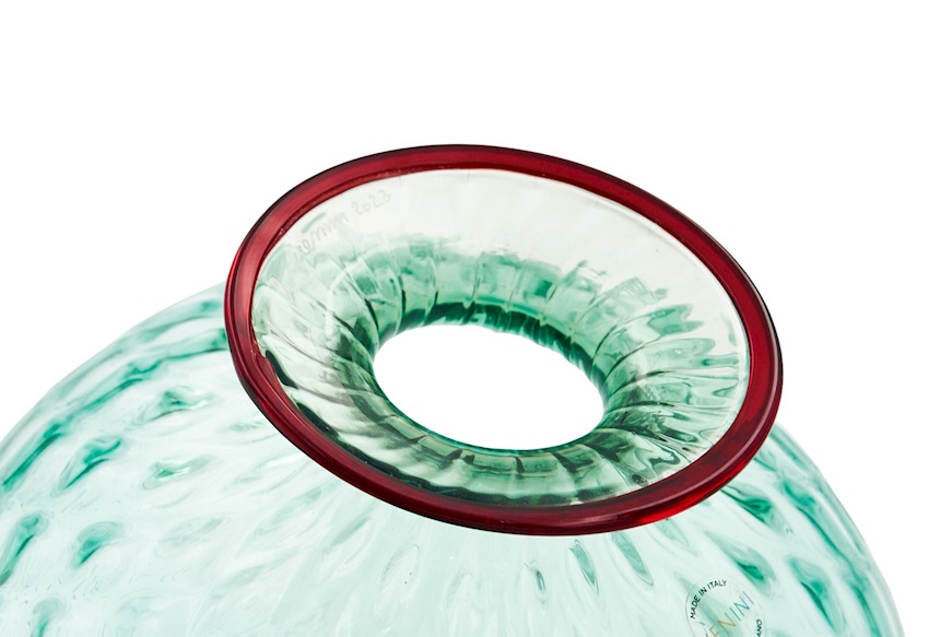 Venini Vase Monofiori Balloton Murano glass mint green with red ring