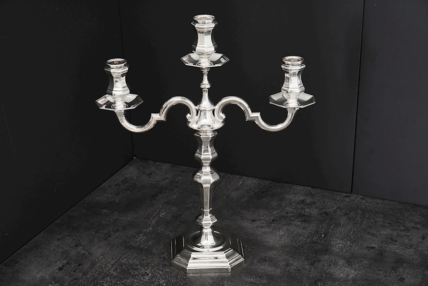 Candelabro argento 581 grammi a tre fiamme in stile Ottagonale usato ricondizionato Zanolli Vintage
