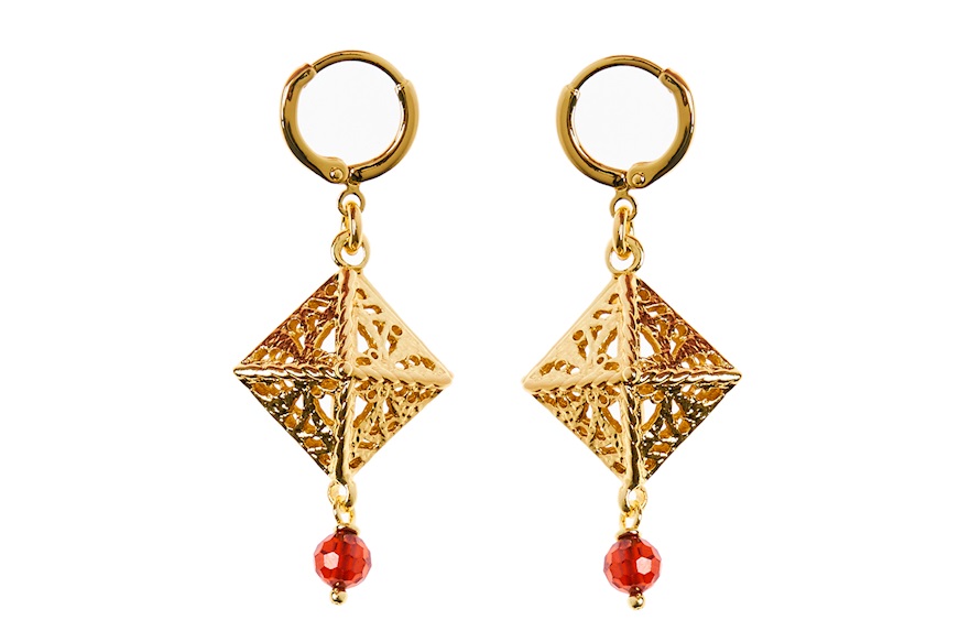 Earrings Gipsy in gilt bronze with pyramid and red crystal Unoaerre
