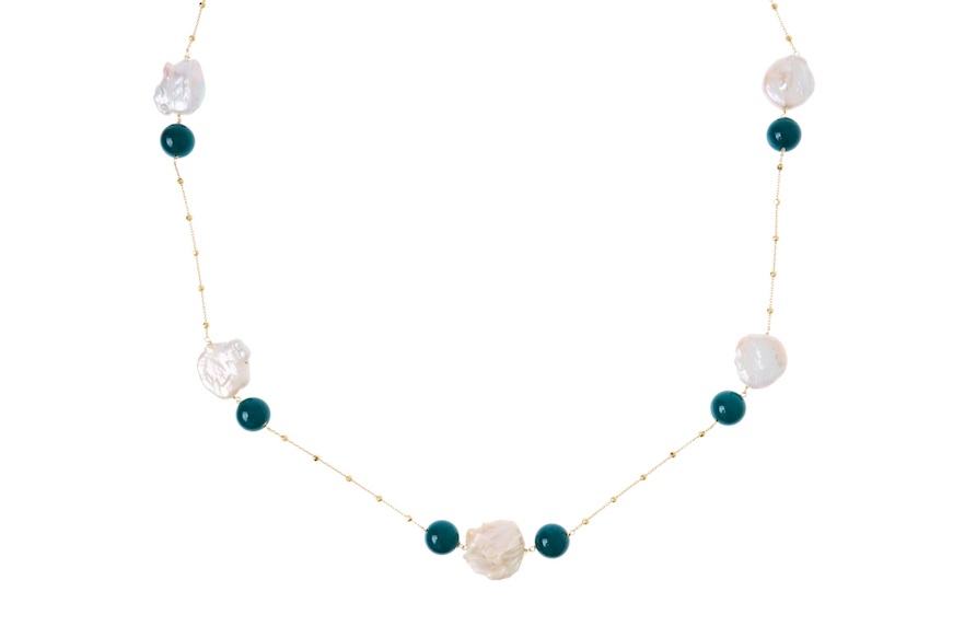 Necklace silver gilt with green agate and pearls Selezione Zanolli