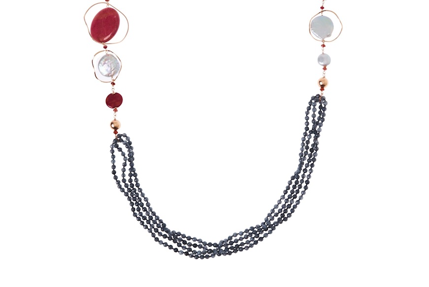 Necklace silver with ruby rhodonite and cloudy quartz Luisa della Salda