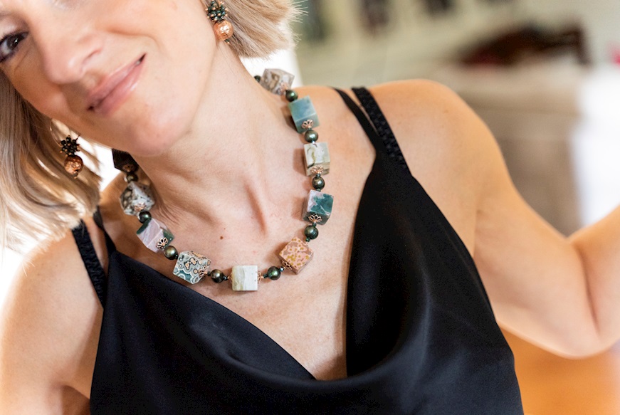 Necklace silver with jasper and pearls Luisa della Salda