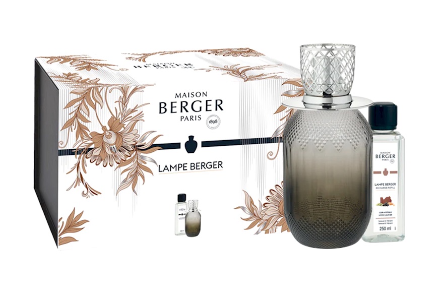 Gift Pack Lamp Evanescence Grise with 250 ml perfume Cuir Mystique Maison Berger Paris