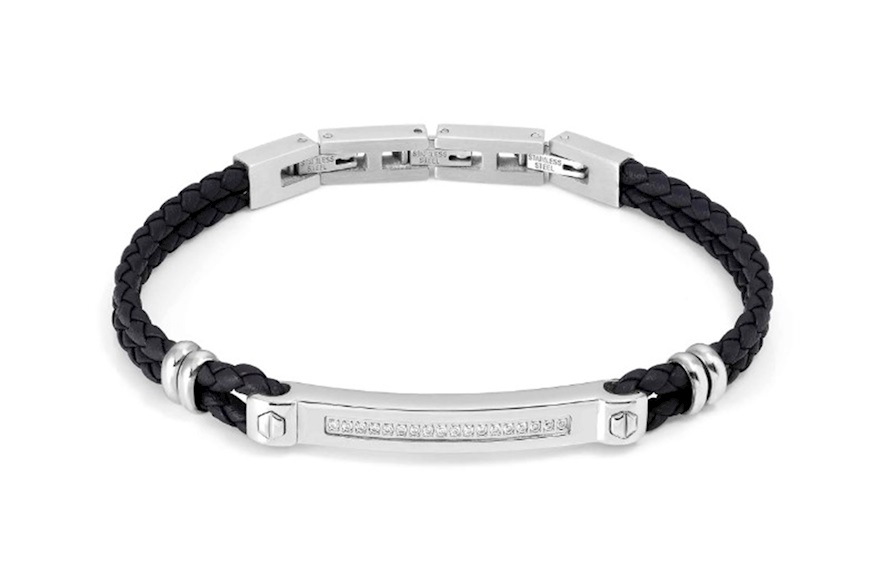 Bracelet Manvision steel and black leather with white cubic zirconia Nomination