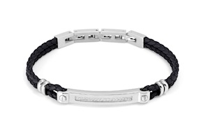 Bracciale Manvision acciaio e pelle nera con cubic zirconia bianchi