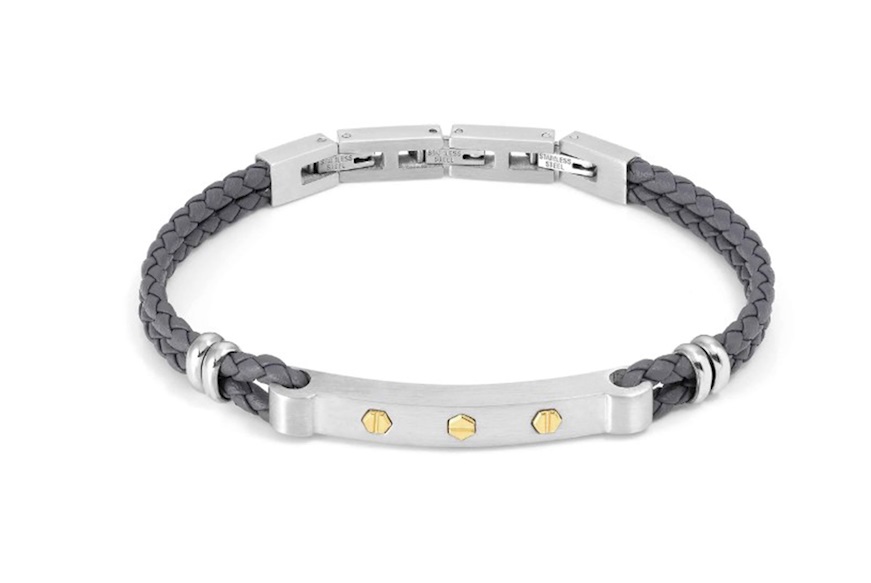 Bracciale Manvision acciaio e pelle grigia con viti esagonali oro Nomination