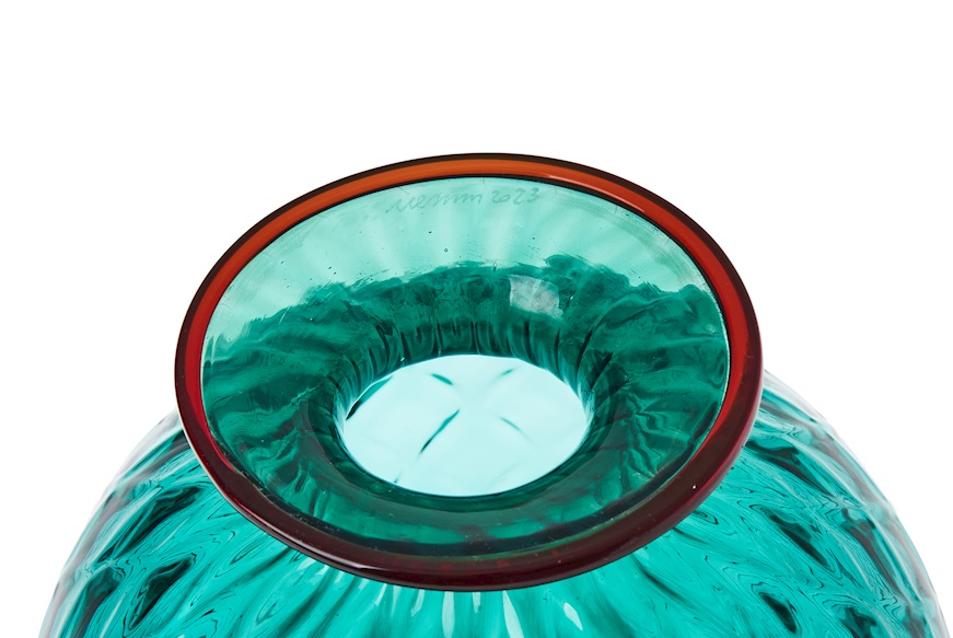 Vaso Monofiore Balloton vetro di Murano verde paraiba con filo rosso in edizione limitata Venini
