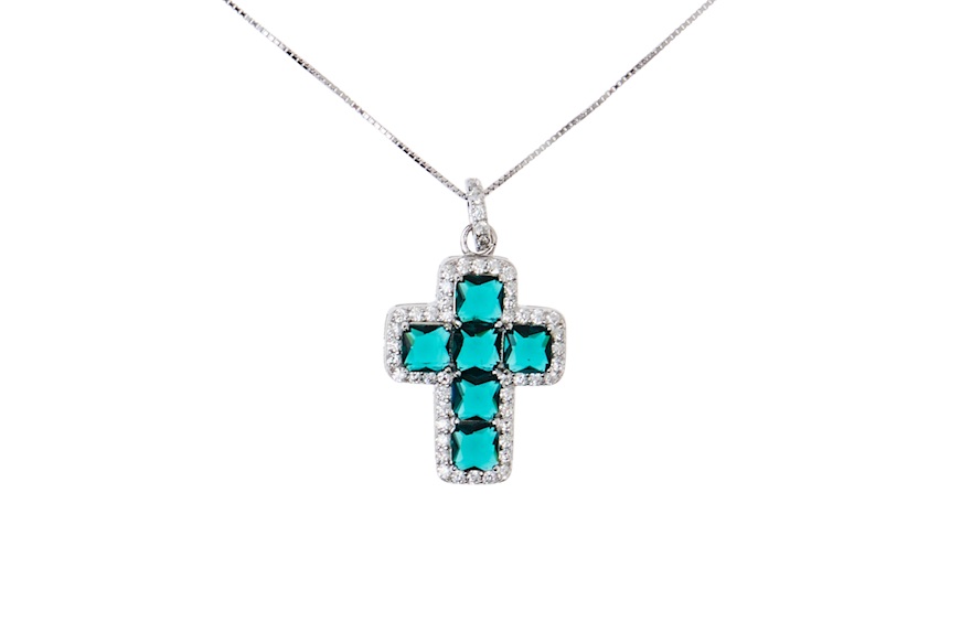 Necklace Luce silver with cross pendant in cubic zirconia and emerald zircons Sovrani