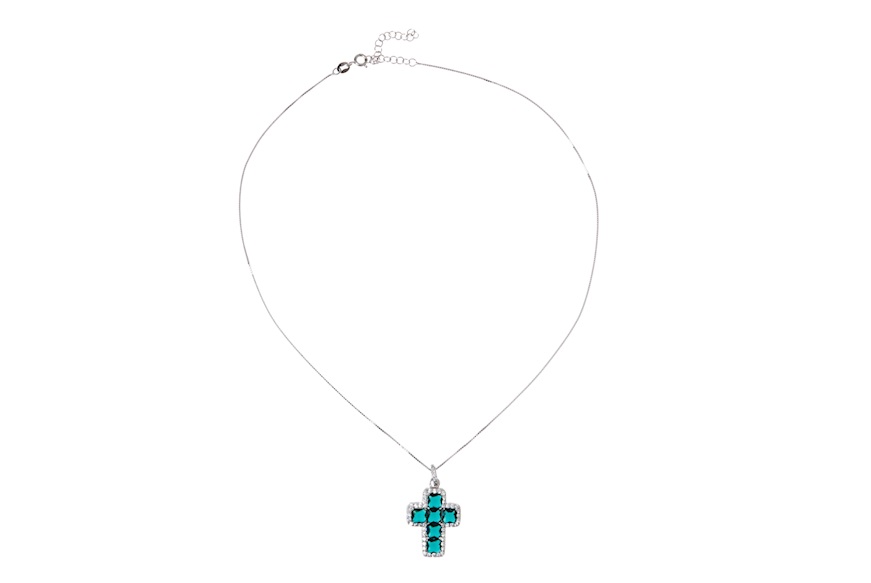 Necklace Luce silver with cross pendant in cubic zirconia and emerald zircons Sovrani