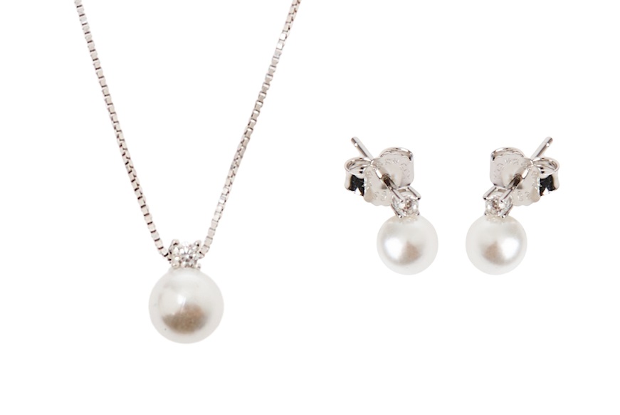 Parure Necklace and Earrings silver with shell pearl and cubic zirconia Sovrani