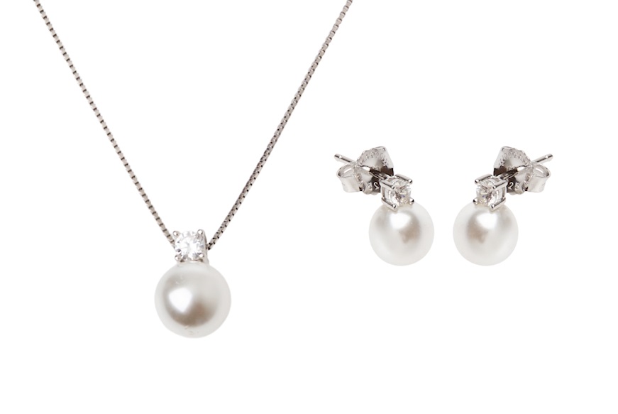 Parure Collana e Orecchini argento con shell pearl e cubic zirconia Sovrani