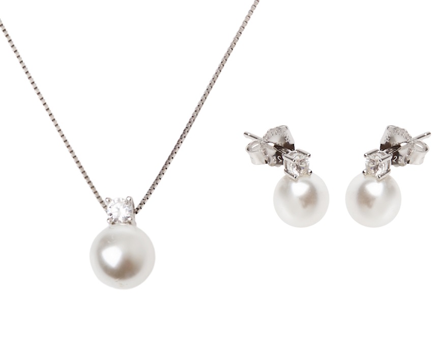Parure Necklace and Earrings silver with shell pearl and cubic zirconia Sovrani