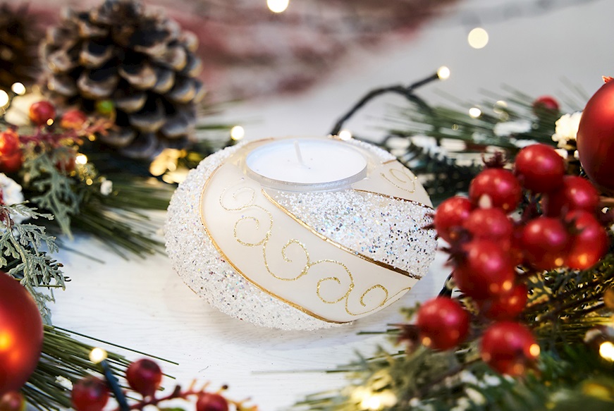 Idea regalo Natale Porta T-Light con decorazione oro e luce LED Selezione Zanolli