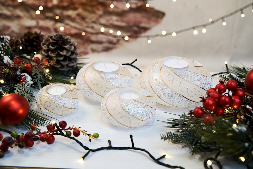 Idea regalo Natale Porta T-Light con decorazione oro e luce LED Selezione Zanolli