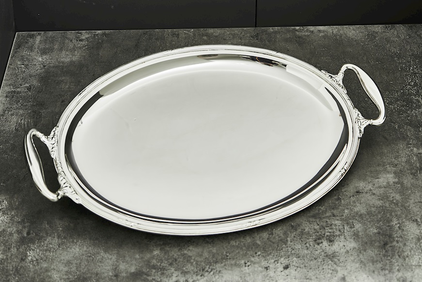 Vassoio ovale argento 1436 grammi con manici e decorazione cannette e foglie usato ricondizionato Zanolli Vintage