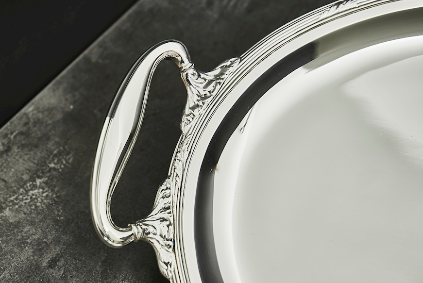 Vassoio ovale argento 1436 grammi con manici e decorazione cannette e foglie usato ricondizionato Zanolli Vintage