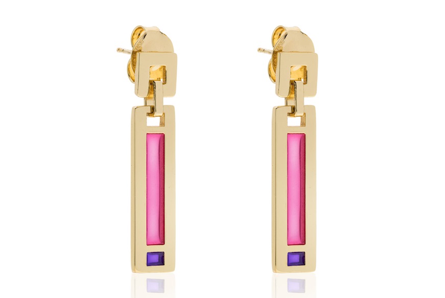 Pendant earrings Kaleidos in gilt bronze with purple and pink enamel Unoaerre
