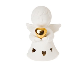 Statuina Angioletto con cuore porcellana con cuore oro e luce LED