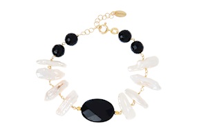 Bracciale argento dorato con chips di perle e agata nera Selezione Zanolli