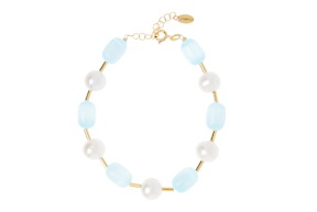 Bracciale argento dorato con selenite azzurra e perle