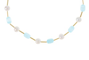 Collana argento dorato con selenite azzurra e perle