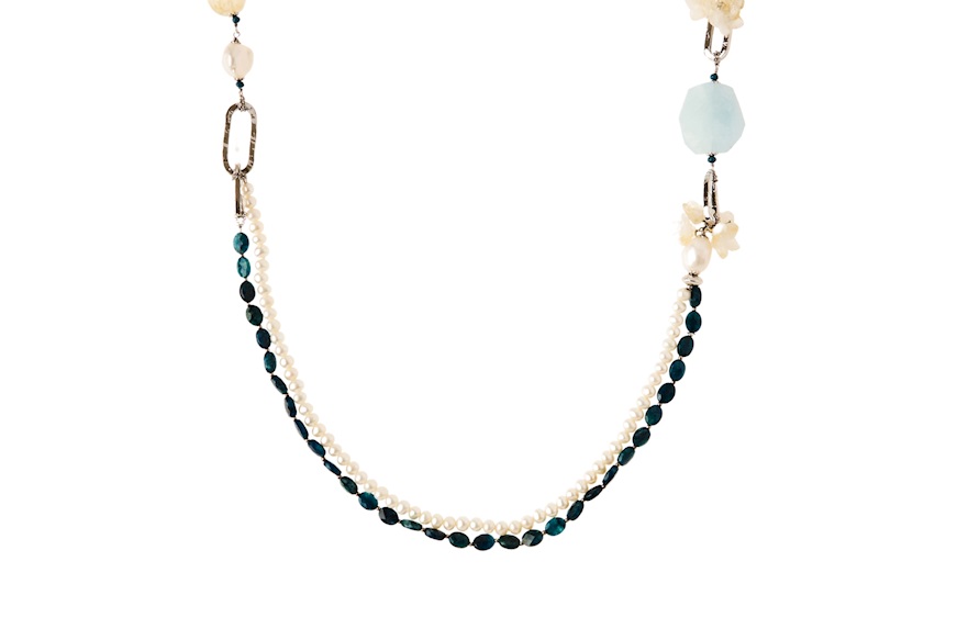 Necklace silver with aquamarine, citrine flowers and pearls Luisa della Salda