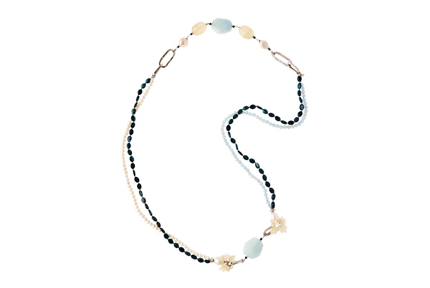 Necklace silver with aquamarine, citrine flowers and pearls Luisa della Salda