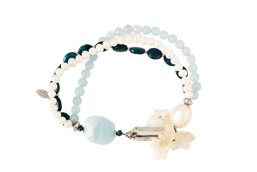Bracelet silver with aquamarine, citrine flowers and pearls Luisa della Salda