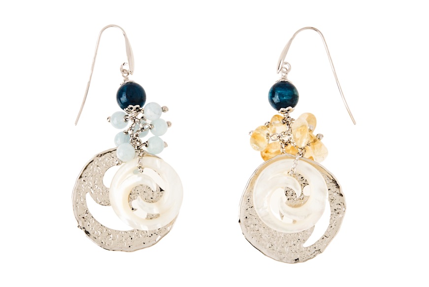 Earrings silver with aquamarine, citrine flowers and pearls Luisa della Salda