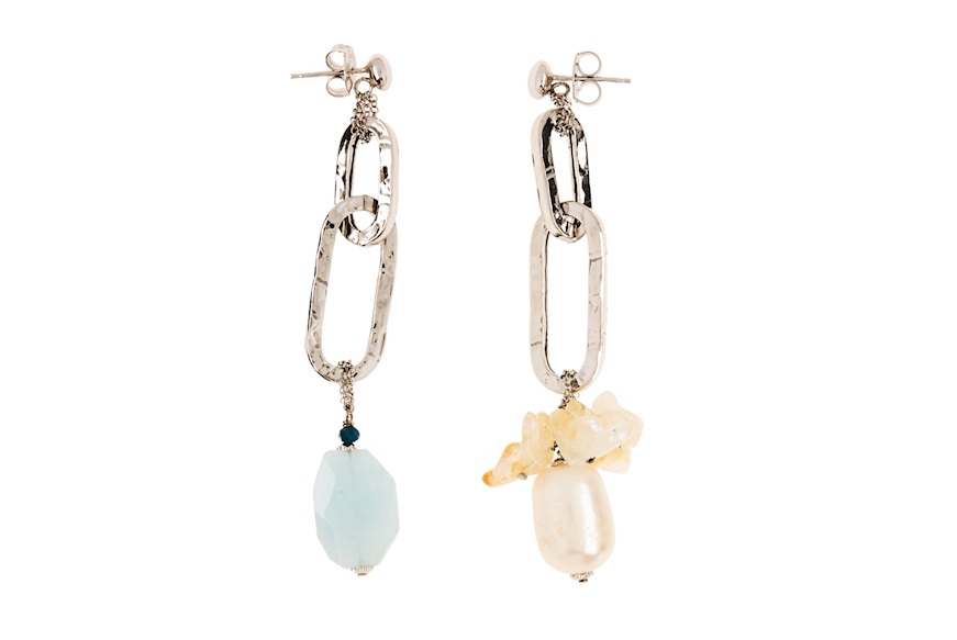 Earrings silver with aquamarine, citrine flowers and pearls Luisa della Salda