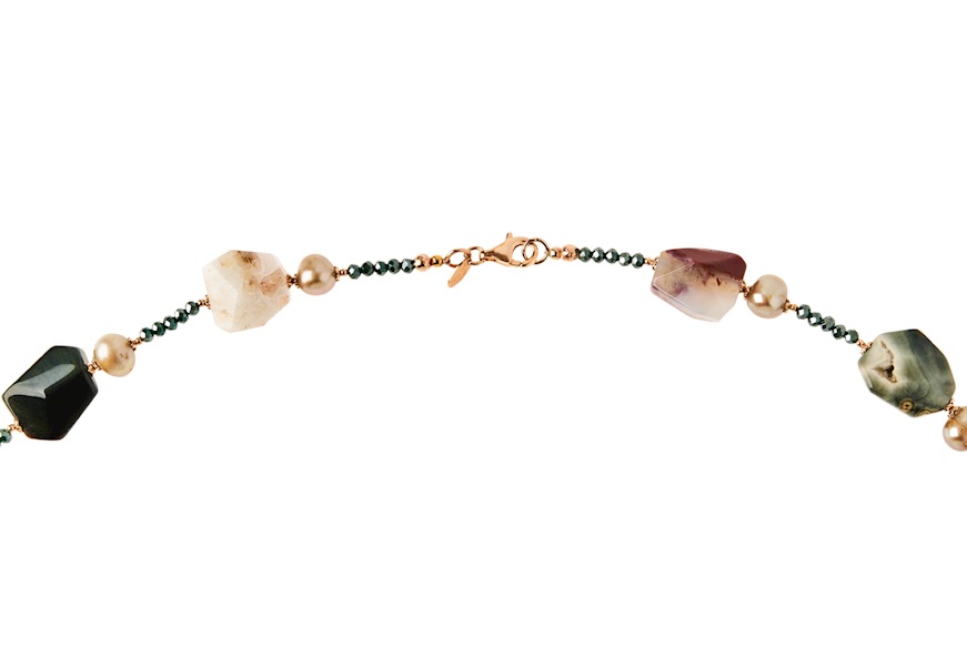 Collana argento rosè con ocean jasper, perle e quarzo idrotermale Luisa della Salda