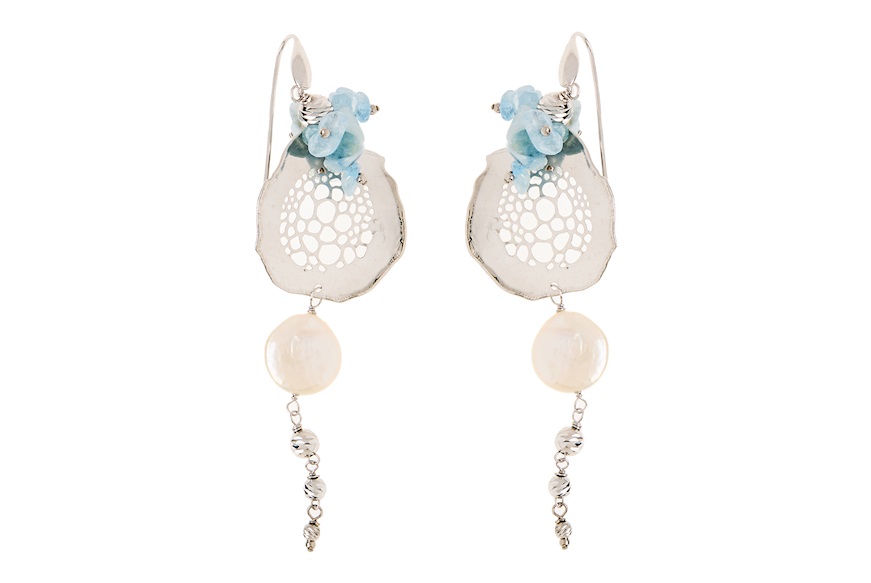 Earrings silver with aquamarine, citrine flowers and pearls Luisa della Salda