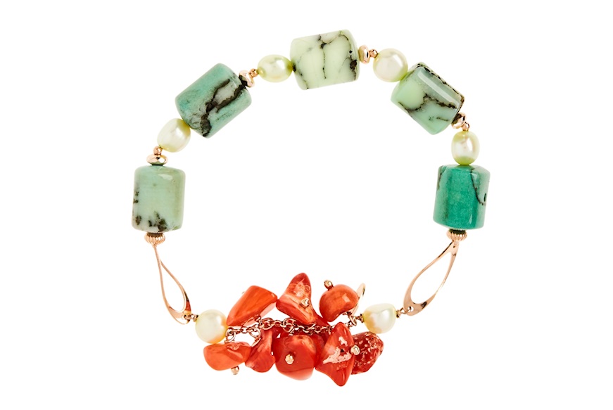Bracelet silver with chrysoprase, coral, and green pearls Luisa della Salda