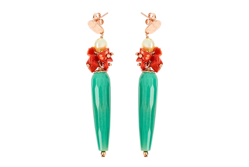 Earrings silver with chrysoprase, coral, and green pearls Luisa della Salda