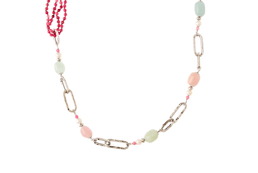 Collana argento con morganite, giada rosa e perle Luisa della Salda