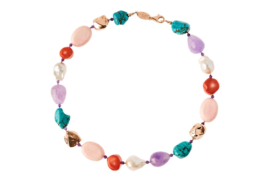 Necklace silver rosé with prenite, rose quartz and pearls