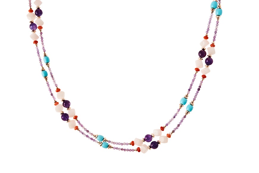 Necklace silver rosé with amethyst, coral and turquoise Luisa della Salda