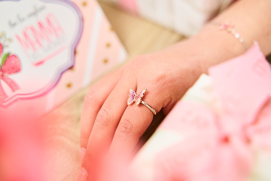 Ring Crysalis silver gold with pink zircon butterfly Nomination