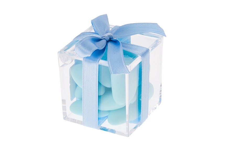 Scatolina in plexiglass con confetti azzurri e nastro azzurro Selezione Zanolli