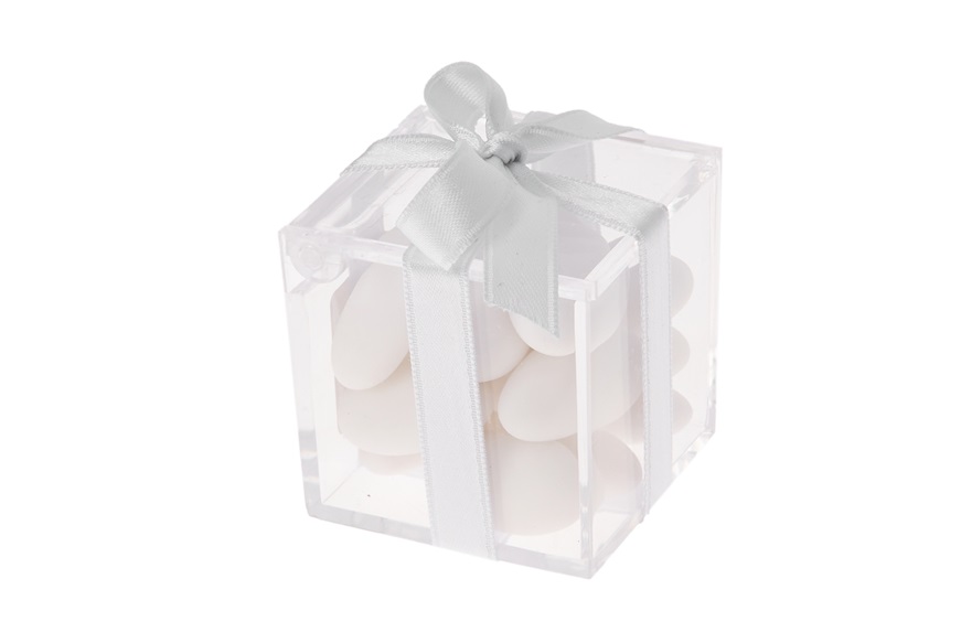 Scatolina in plexiglass con confetti bianchi e nastro bianco Selezione Zanolli